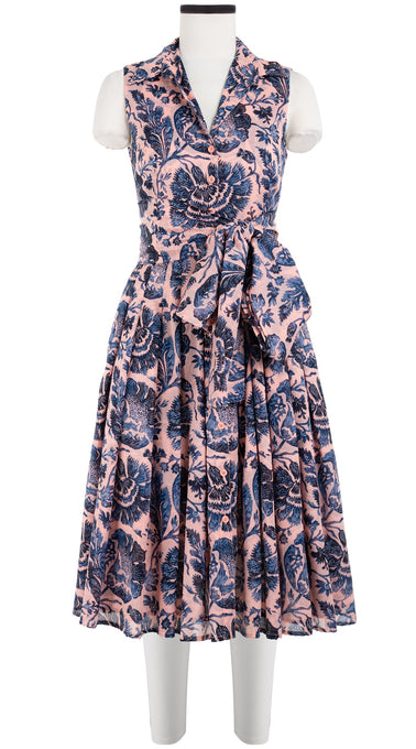 Audrey Dress #4 Shirt Collar Sleeveless Long Length Cotton Musola (Indigo Poppies)