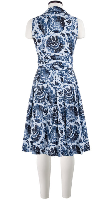 Audrey Dress #3 Shirt Collar Sleeveless Cotton Stretch (Indigo Poppies)
