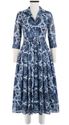 Audrey Dress #4 Shirt Collar 3/4 Sleeve Midi Length Cotton Musola (Indigo Poppies)