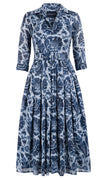 Audrey Dress #4 Shirt Collar 3/4 Sleeve Midi Length Cotton Musola (Indigo Poppies)