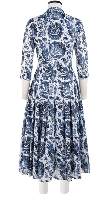 Audrey Dress #4 Shirt Collar 3/4 Sleeve Midi Length Cotton Musola (Indigo Poppies)