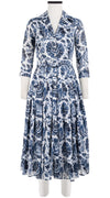 Audrey Dress #4 Shirt Collar 3/4 Sleeve Midi Length Cotton Musola (Indigo Poppies)