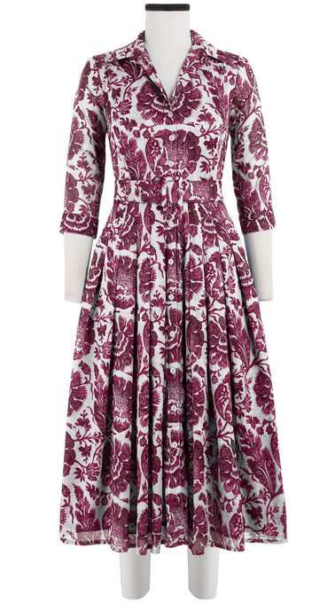 Audrey Dress #4 Shirt Collar 3/4 Sleeve Midi Length Cotton Musola (Indigo Poppies)