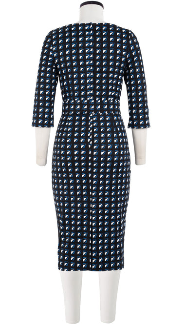 Celine Dress High Boat Neck Elbow Sleeve with Hamilton Belt Long Length Cotton Dobby Stretch (Kuba Triangle)