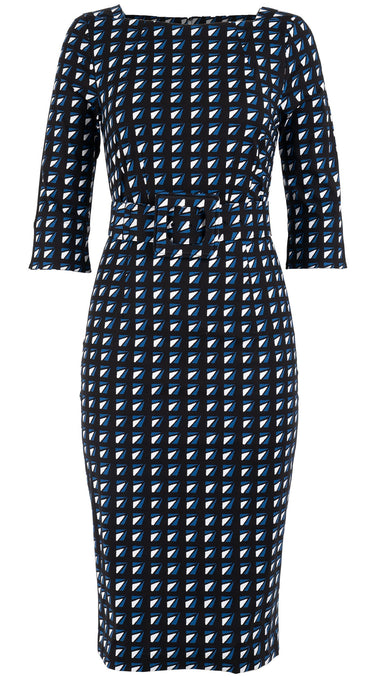 Celine Dress High Boat Neck Elbow Sleeve with Hamilton Belt Long Length Cotton Dobby Stretch (Kuba Triangle)