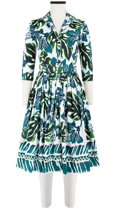 Audrey Dress #2 Shirt Collar 3/4 Sleeve Long Length Cotton Stretch (Lanai Hibiscus Border)