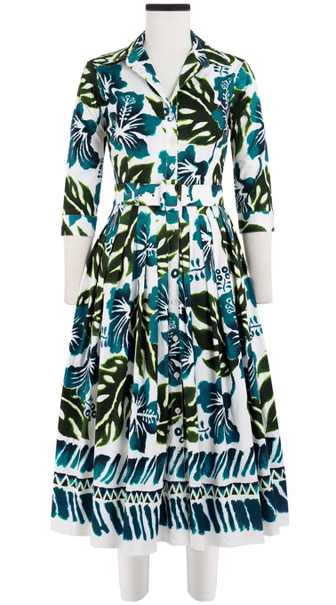 Audrey Dress #2 Shirt Collar 3/4 Sleeve Midi Length Cotton Stretch (Lanai Hibiscus Border)