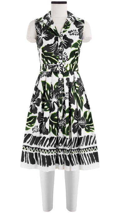 Audrey Dress #1 Shirt Collar Sleeveless Cotton Stretch (Lanai Hibiscus Border)