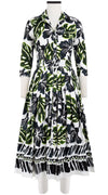 Audrey Dress #2 Shirt Collar 3/4 Sleeve Midi Length Cotton Stretch (Lanai Hibiscus Border)