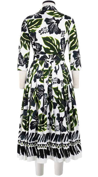 Audrey Dress #4 Shirt Collar 3/4 Sleeve Midi Length Cotton Stretch (Lanai Hibiscus Border)