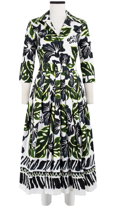 Audrey Dress #4 Shirt Collar 3/4 Sleeve Midi Length Cotton Stretch (Lanai Hibiscus Border)