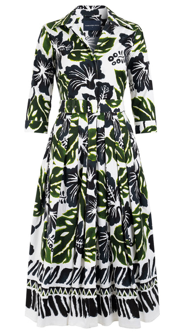 Audrey Dress #4 Shirt Collar 3/4 Sleeve Midi Length Cotton Stretch (Lanai Hibiscus Border)