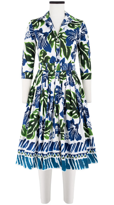 Audrey Dress #2 Shirt Collar 3/4 Sleeve Long Length Cotton Stretch (Lanai Hibiscus Border)