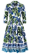 Audrey Dress #2 Shirt Collar 3/4 Sleeve Long Length Cotton Stretch (Lanai Hibiscus Border)