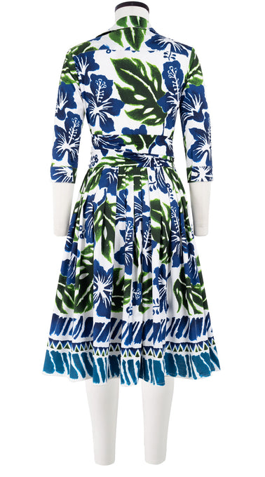 Audrey Dress #2 Shirt Collar 3/4 Sleeve Long Length Cotton Stretch (Lanai Hibiscus Border)