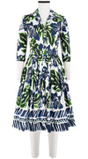 Audrey Dress #2 Shirt Collar 3/4 Sleeve Long Length Cotton Stretch (Lanai Hibiscus Border)