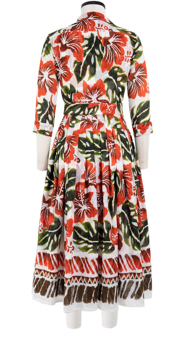 Audrey Dress #2 Shirt Collar 3/4 Sleeve Midi Length Cotton Musola (Lanai Hibiscus Border)