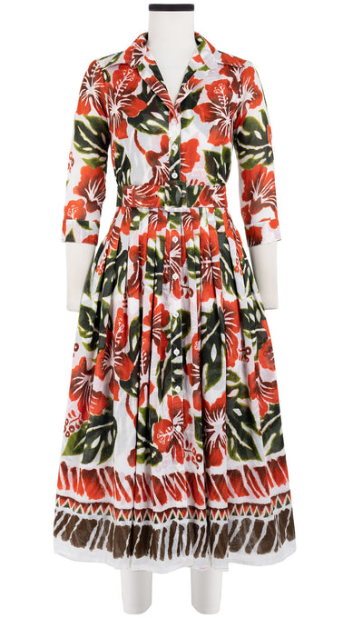 Audrey Dress #2 Shirt Collar 3/4 Sleeve Midi Length Cotton Musola (Lanai Hibiscus Border)