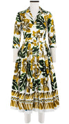 Audrey Dress #2 Shirt Collar 3/4 Sleeve Midi Length Cotton Stretch (Lanai Hibiscus Border)