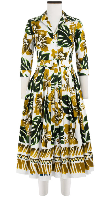 Audrey Dress #2 Shirt Collar 3/4 Sleeve Midi Length Cotton Stretch (Lanai Hibiscus Border)