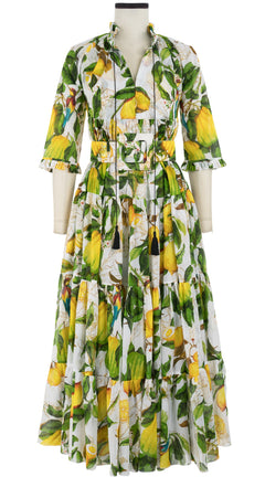 Eden Dress Crew Neck 3/4 Sleeve with Hamilton Belt Maxi Length Cotton Musola (Lemon Tuscani)