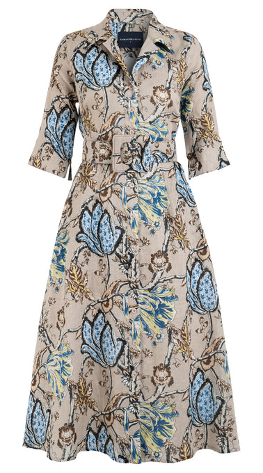 Abel Dress Shirt Collar Elbow Sleeve with Hamilton Belt Midi Length Linen (Lillie Toile)