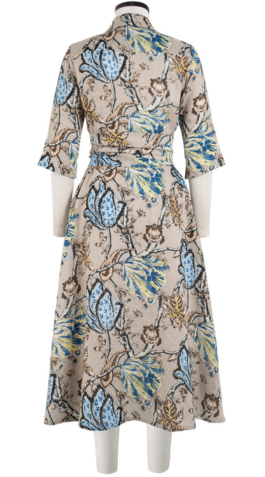 Abel Dress Shirt Collar Elbow Sleeve with Hamilton Belt Midi Length Linen (Lillie Toile)
