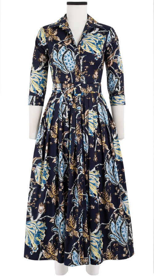 Audrey Dress #2 Shirt Collar 3/4 Sleeve Midi Plus Length Cotton Stretch (Lillie Toile)