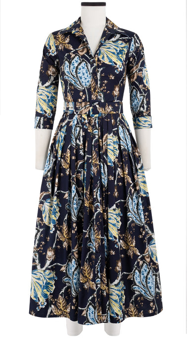 Audrey Dress #2 Shirt Collar 3/4 Sleeve Midi Plus Length Cotton Stretch (Lillie Toile)