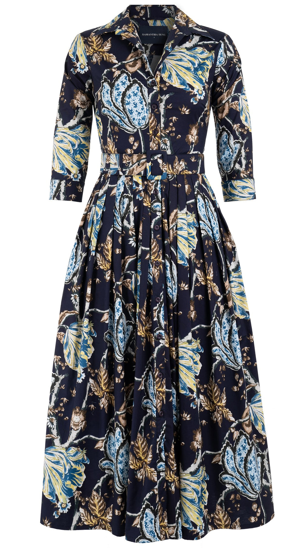 Audrey Dress #2 Shirt Collar 3/4 Sleeve Midi Plus Length Cotton Stretch (Lillie Toile)