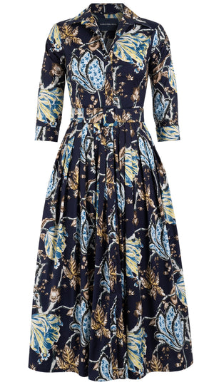 Audrey Dress #2 Shirt Collar 3/4 Sleeve Midi Plus Length Cotton Stretch (Lillie Toile)