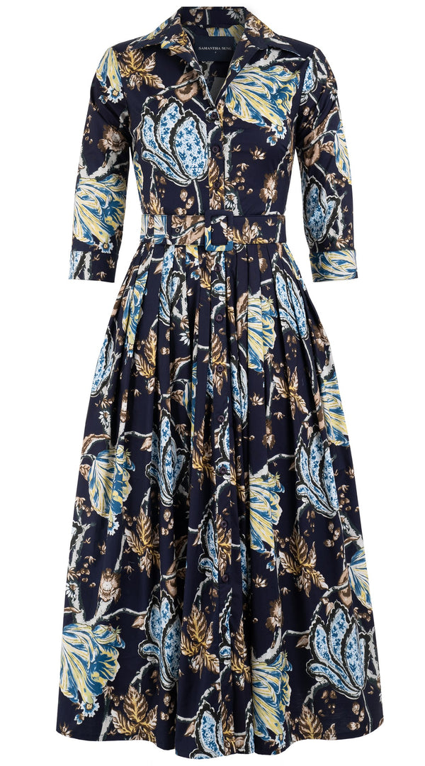 Audrey Dress #2 Shirt Collar 3/4 Sleeve Midi Plus Length Cotton Stretch (Lillie Toile)
