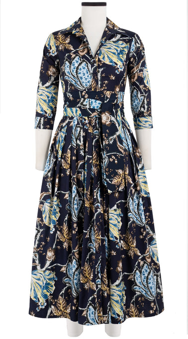 Audrey Dress #2 Shirt Collar 3/4 Sleeve Midi Plus Length Cotton Stretch (Lillie Toile)