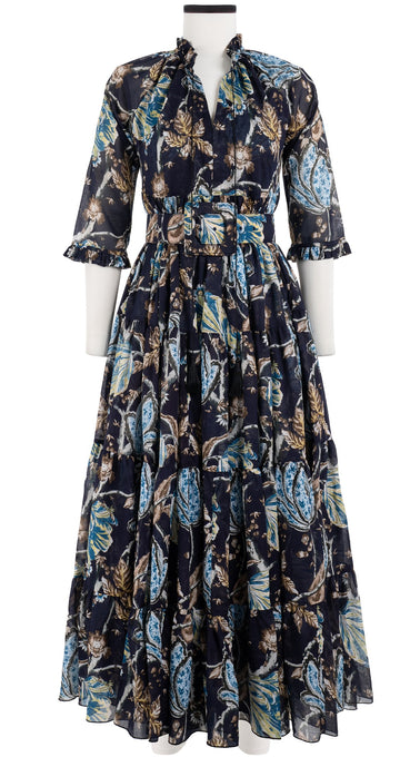 Eden Dress Crew Neck 3/4 Sleeve with Hamilton Belt Maxi Length Cotton Musola (Lillie Toile)