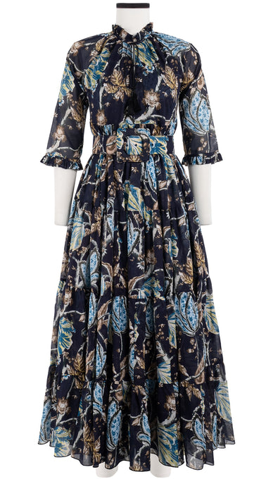 Eden Dress Crew Neck 3/4 Sleeve with Hamilton Belt Maxi Length Cotton Musola (Lillie Toile)