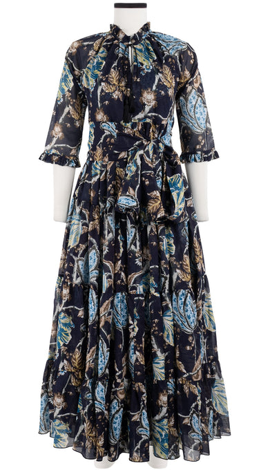 Eden Dress Crew Neck 3/4 Sleeve with Hamilton Belt Maxi Length Cotton Musola (Lillie Toile)