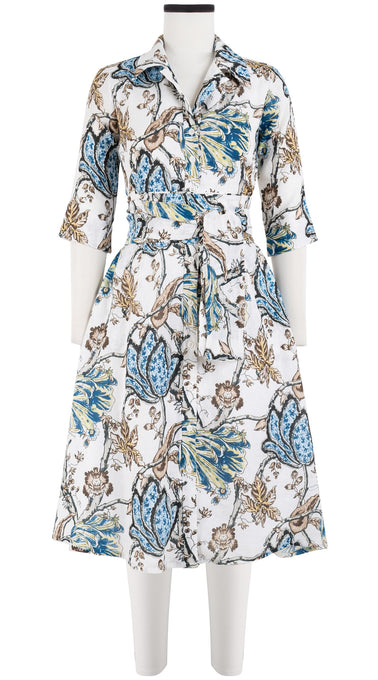 Abel Dress Shirt Collar Elbow Sleeve with Hamilton Belt Long Length Linen (Lillie Toile)