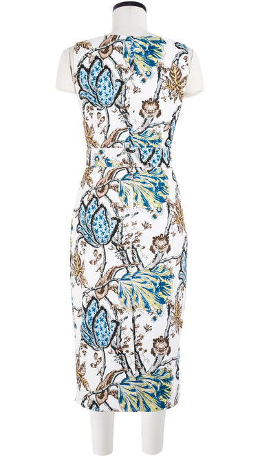 Celine Dress High Boat Neck Sleeveless with Hamilton Belt Long Length Cotton Dobby Stretch (Lillie Toile)