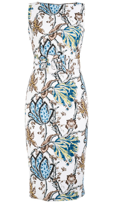 Celine Dress High Boat Neck Sleeveless with Hamilton Belt Long Length Cotton Dobby Stretch (Lillie Toile)