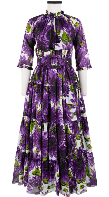 Eden Dress Crew Neck 3/4 Sleeve with Hamilton Belt Maxi Length Cotton Musola (May Sunflower)