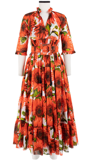Eden Dress Crew Neck 3/4 Sleeve with Hamilton Belt Maxi Length Cotton Musola (May Sunflower)