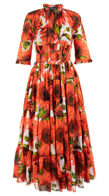 Eden Dress Crew Neck 3/4 Sleeve with Hamilton Belt Maxi Length Cotton Musola (May Sunflower)