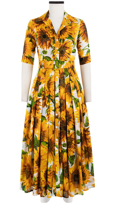 Audrey Dress #4 Shirt Collar 1/2 Sleeve Midi Plus Length Cotton Musola (May Sunflower)