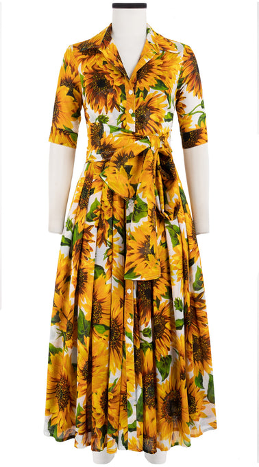 Audrey Dress #4 Shirt Collar 1/2 Sleeve Midi Plus Length Cotton Musola (May Sunflower)