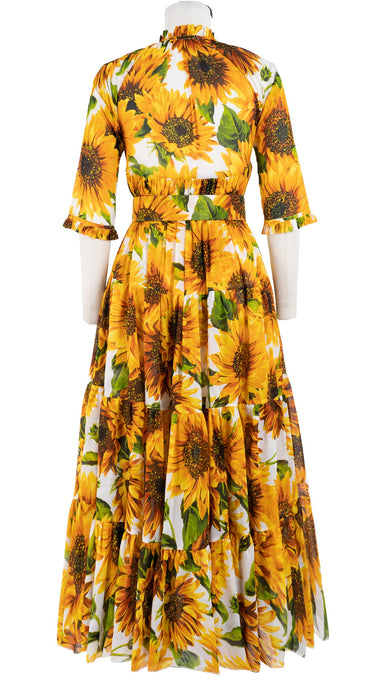 Eden Dress Crew Neck 3/4 Sleeve with Hamilton Belt Maxi Length Cotton Musola (May Sunflower)