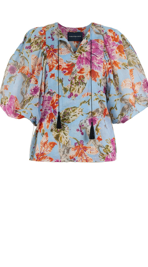 Anastasia Blouse #1 Crew Neck Slit 3/4 Puff Sleeve Cotton Musola (Millie Fruit Toile)