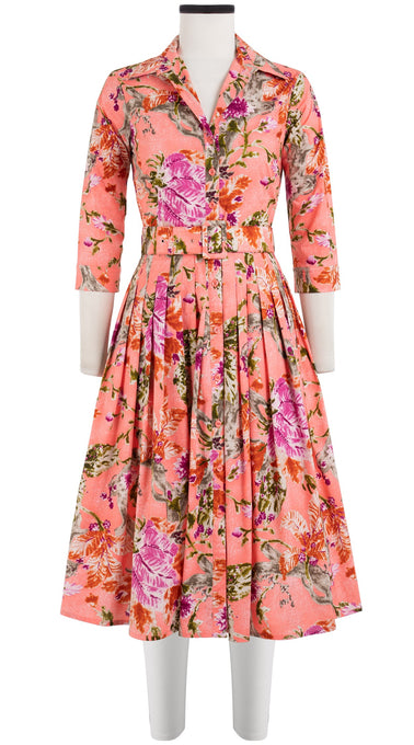 Audrey Dress #2 Shirt Collar 3/4 Sleeve Long Length Cotton Stretch (Millie Fruit Toile)