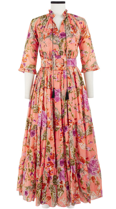 Eden Dress Crew Neck 3/4 Sleeve with Hamilton Belt Maxi Length Cotton Musola (Millie Fruit Toile)