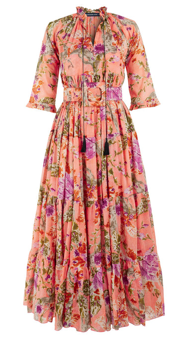 Eden Dress Crew Neck 3/4 Sleeve with Hamilton Belt Maxi Length Cotton Musola (Millie Fruit Toile)