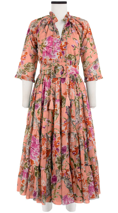 Eden Dress Crew Neck 3/4 Sleeve with Hamilton Belt Midi Length Cotton Musola (Millie Fruit Toile)